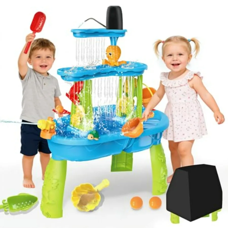 3-Tier Water Table for Toddlers with Pump, Table Cover Sand Activity Sensory Playset, Outdoor Backyard Pool Summer Toy, Blue Pl