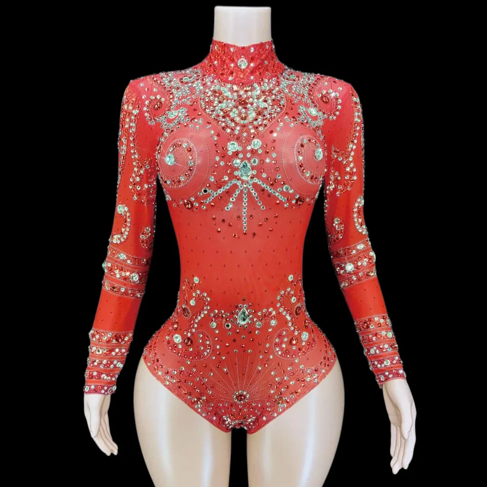 

Multicolored Long Sleeves Shining Crystal Rhinestones High Neck Sexy Women Leotard Bodysuit Nightclub Bar Clothing Prom Costume