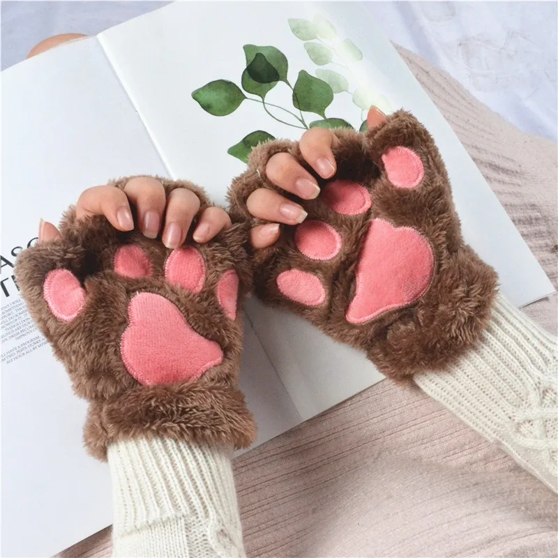 Cat Claw Paw Gloves Women Plush Half Finger Gloves Warm Soft Velvet Short Fingerless Fluffy Bear Cat Gloves Cartoon Cute Costume