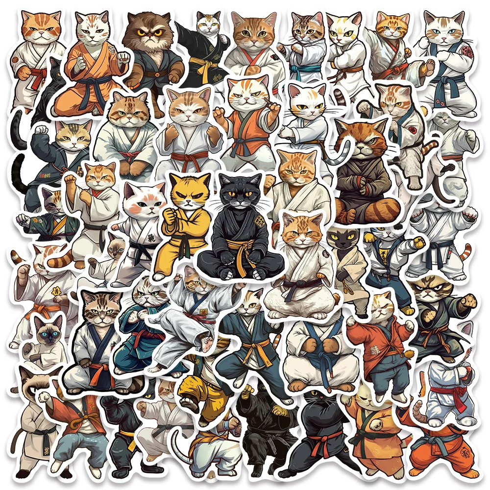 50PCS Cartoon Kung fu Cat Kawaii Taekwondo Kitty Stickers For Car Laptop Phone Stationery Decor Waterproof Sticker Kids Toys