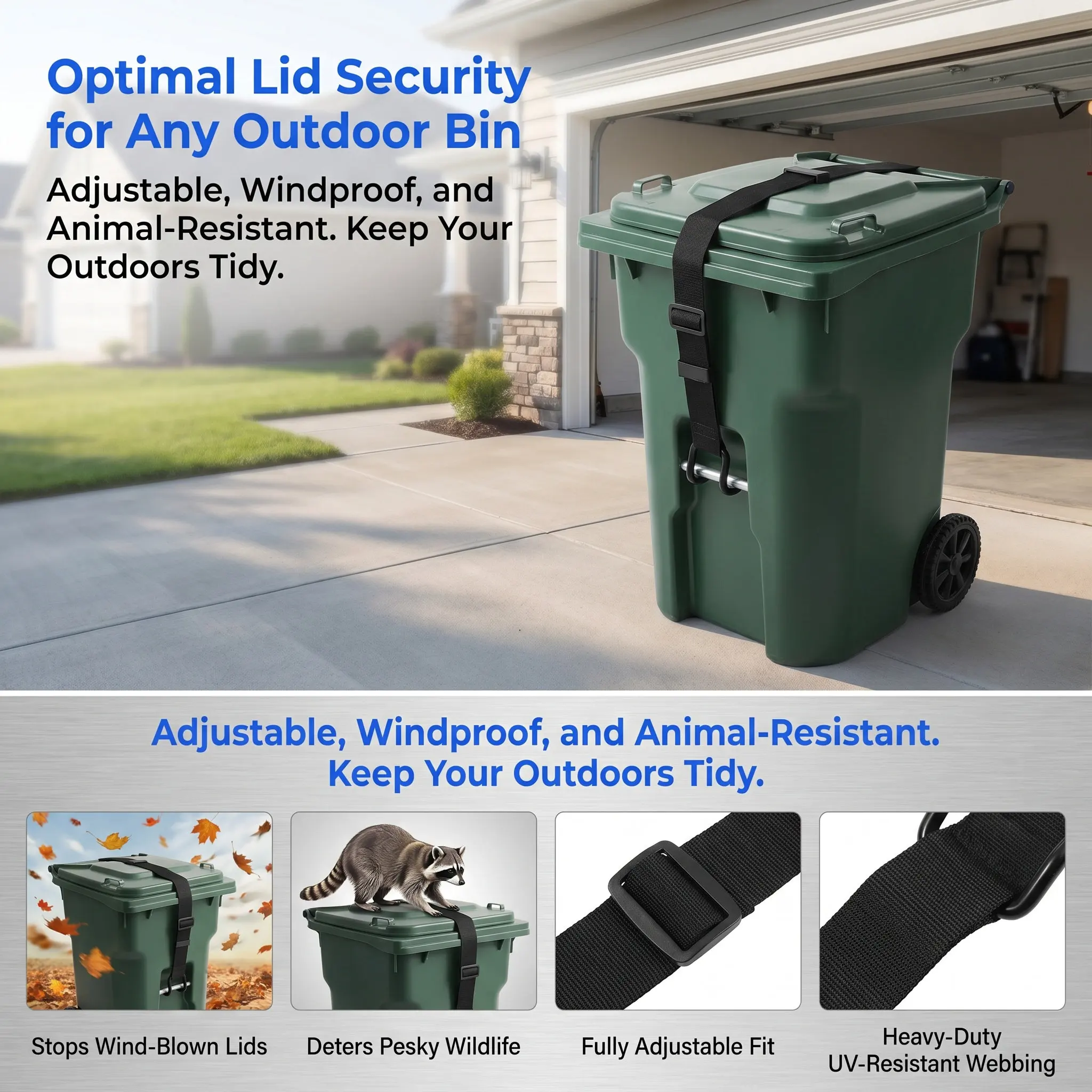 2Pcs Metal Trash Bin Lid Lock For Outdoor Trash Can Family Adjustable Strap 28-96 Gallon Universal Garbage Animal