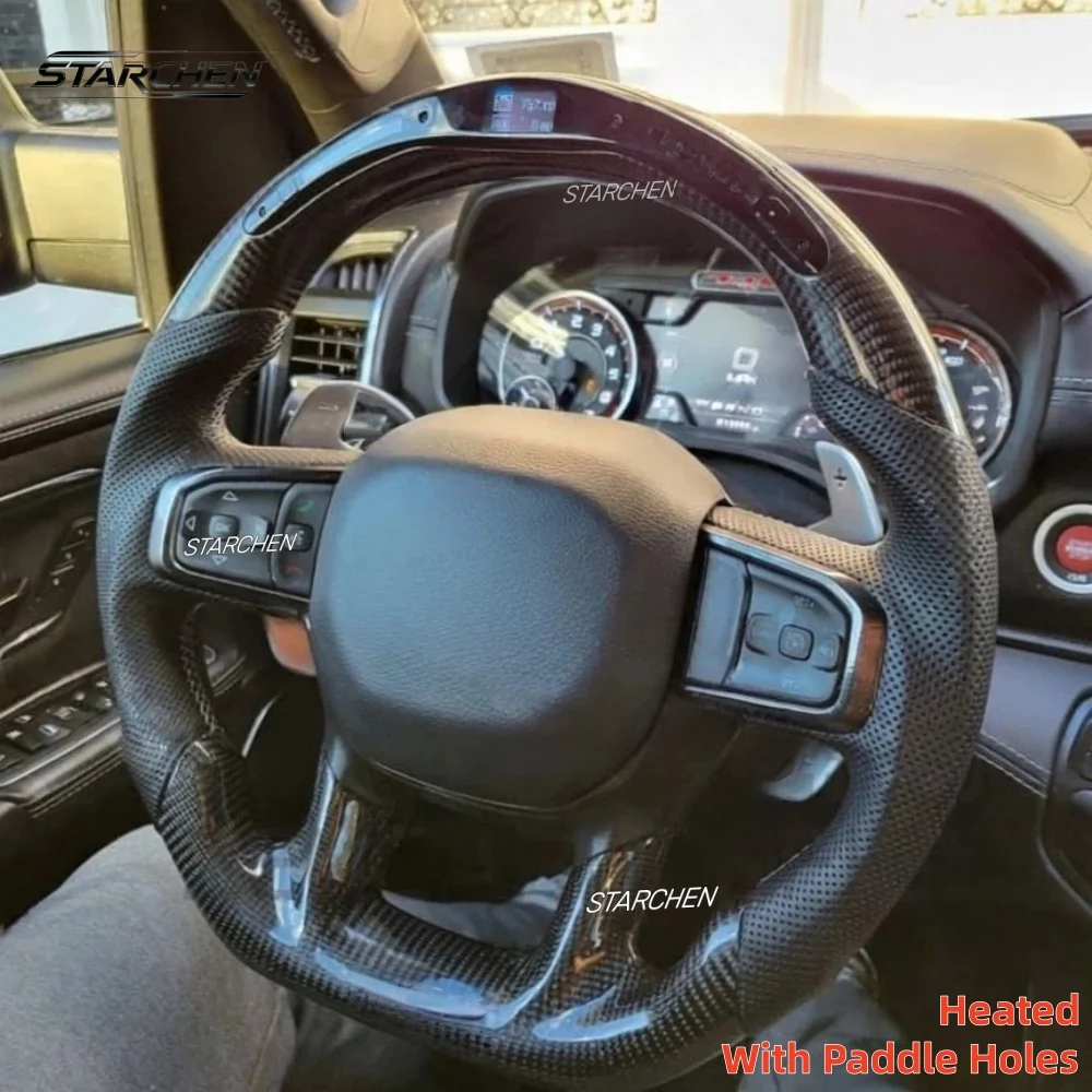 LED Real Carbon Fiber Heated Steering Wheel for Dodge Ram TRX 1500 2019-2024 with Paddle Holes