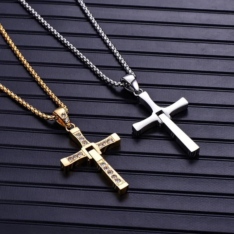 Fast and Furious Cross Necklace Dominic Toretto Cross Rhinestone Pendant Necklace Stainless Steel Necklace for Men Women