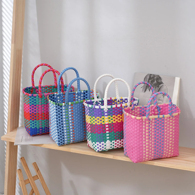 Ethnic style hand-woven basket woven bag color contrasting plastic woven bag contrasting color straw woven bag handbag  female