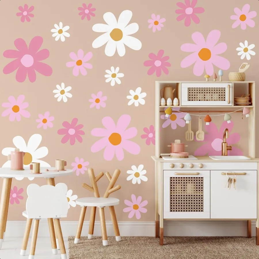 

12 Sheets Daisy Wall Decals Flower Wall Stickers Large Cute Daisy Stickers Pink White Flower Decals Peel and Stick for ry Bedro