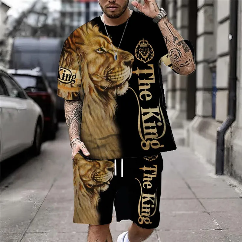 Summer Casual Men\'s Classic Lion Print T-Shirt Set Vintage Streetwear Loose Oversized Breathable Soft Short Sleeves And Shorts