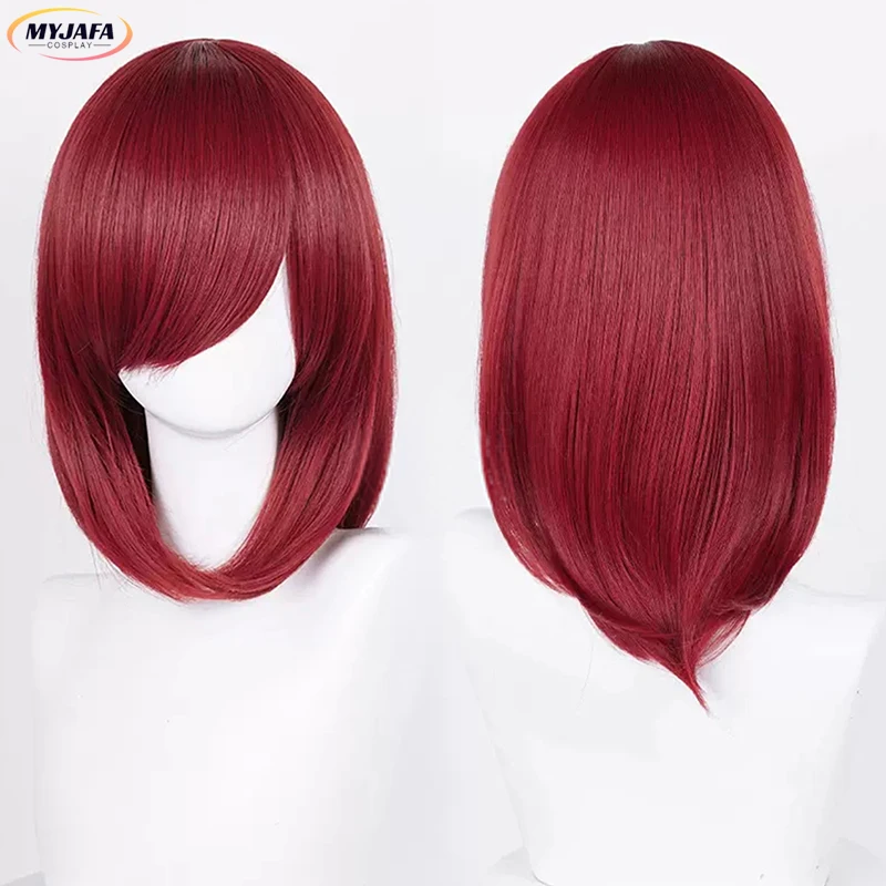 Alta Qualidade 40cm Médio Cosplay Peruca Com Bang Loiro Rosa Vermelho Roxo Azul Cinza Resistente ao calor Perucas de cabelo sintético + Peruca Cap