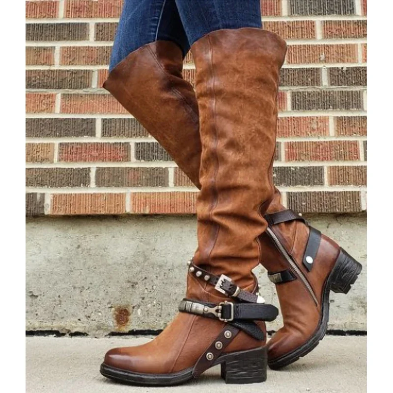 Women Winter Leather Punk style knee boots Vintage stud zip Women\'s boots with belt buckle Plus Size shoes