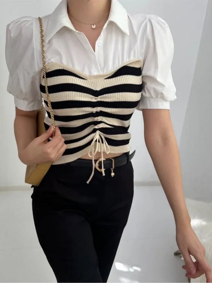 

Retro Striped Knit irt Women's Summer Design Sensation Dstring Bubble Sve Top Slim Fit Commute Sle ort Sve