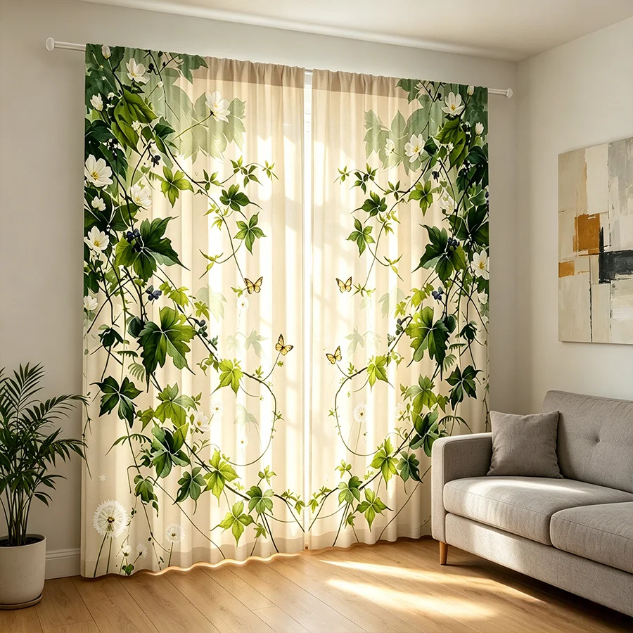 2PCS Green Branch Leaf Curtains, Botanical Nature Print, Window Drapes for Living Room Bedroom Kitchen Home Decor