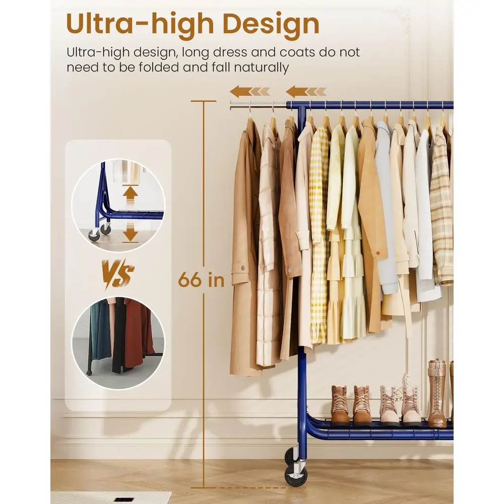 Sturdy Metal Rolling Clothes Rack, 450 lbs Capacity, Lockable Wheels, Navy Blue for Bedroom Wardrobe