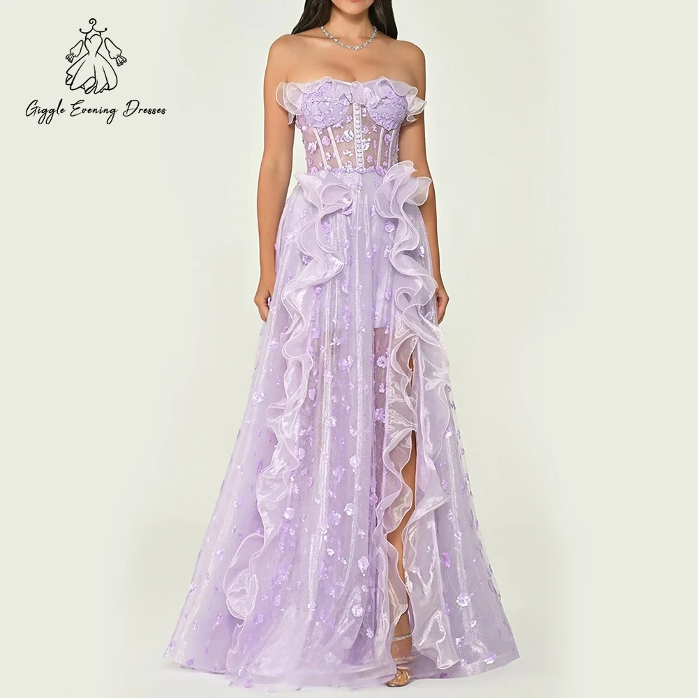

Lavender Strapless Floral Corset Evening Gown for Women Ruffle A-Line Elegant Luxury Prom Party Formal Gown with Slit Customized