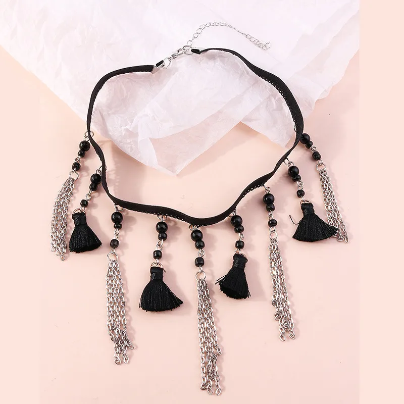 Aihua Gothic Victorian Black Red Lace Necklace Women Girl Boho Crystal Tassel Sexy Lace Choker Steampunk Dark Loli Style Jewelry