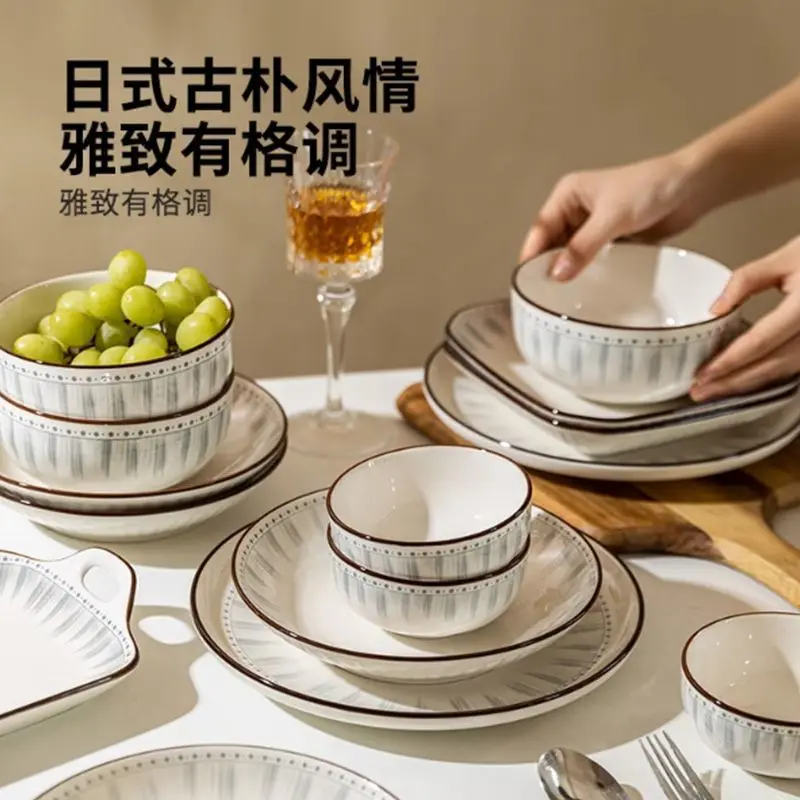 

Japanese style ceramic dishes plates rice bowl plates noodle bowls soup bowl bowl set for household use blue line cutlery set