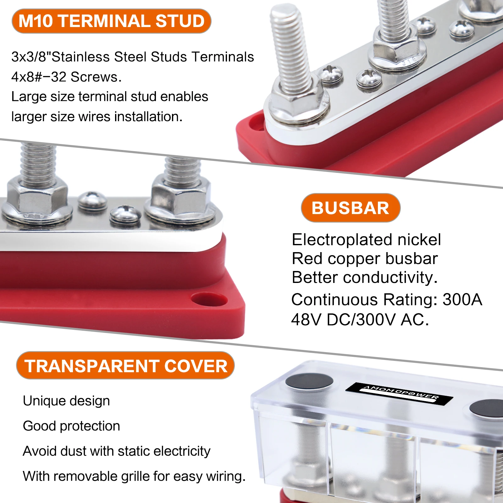 3 parafusos prisioneiros terminais, 300A, 4x8 #-32 parafusos, folheados a níquel, cobre, bonde, ônibus comum Bars12-48V DC com tampa