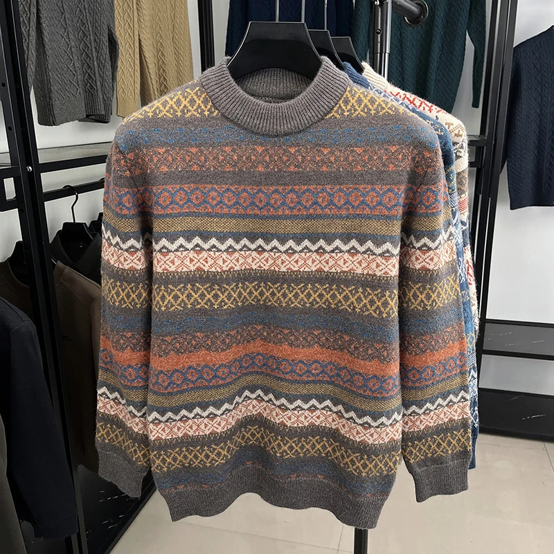 الرجال سترة متماسكة البلوز الملونة هندسية الجاكار طاقم الرقبة طويلة الأكمام الدافئة عارضة أزياء الخريف الشتاء الاتجاه ملابس رجالية