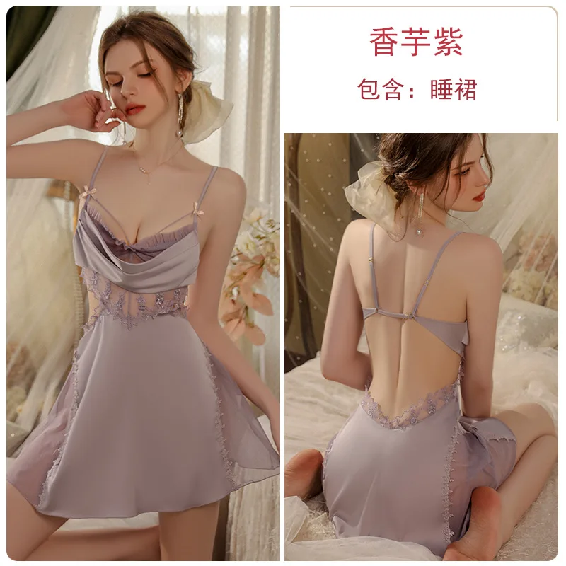 Lace Flower Nightdress Sexy Backless Spaghetti Strap Nightgown Hollow Out Lady Rayon Lounge Sleep Dress