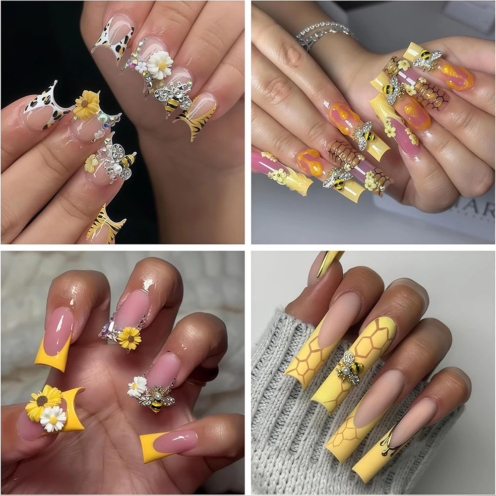 50個ミックス小さな蜂ネイルアートチャーム樹脂漫画デイジーフラワーネイルジェム3Dゴールド合金蜂デイジーひまわりラインストーンDIY