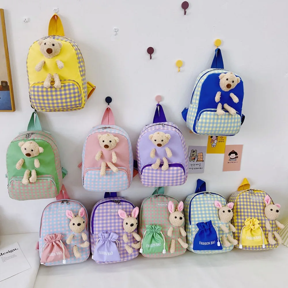 

New Nylon Children's Schoolbag Cute Multicolor Cartoon Bunny Backpack Plaid Kindergarten Backpack