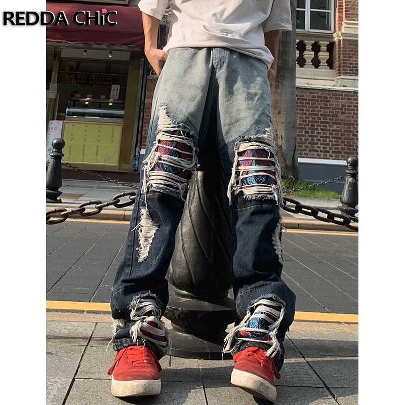 REDDACHIC Men Ripped Hole Frayed Embroidered Baggy Jeans Gradient Washed Wide Leg Low Rise Denim Pants Hiphop Vintage Streetwear