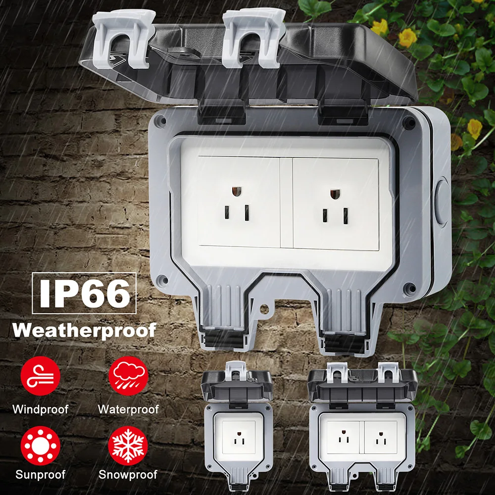 

15A Waterproof Plug Socket IP66 Switched Socket Covers Outdoor Double US Standard Electrical Outlet Wall Weatherproof Plug Box