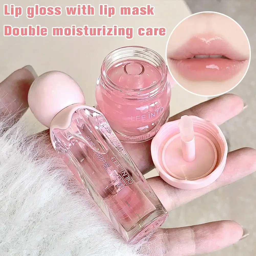 Juego de labios ligeros de fresa, bálsamo labial hidratante de vidrio transparente, aceite labial transparente, gelatina hidratante, juego de máscara labial de día y noche