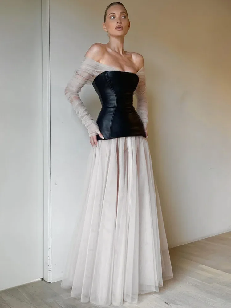 

Luxury Elegant Prom Gowns Women Long Sleeve Off Shoulder White Mesh Black Leather Patchwork Maxi Long Celebrity Evening Dresses