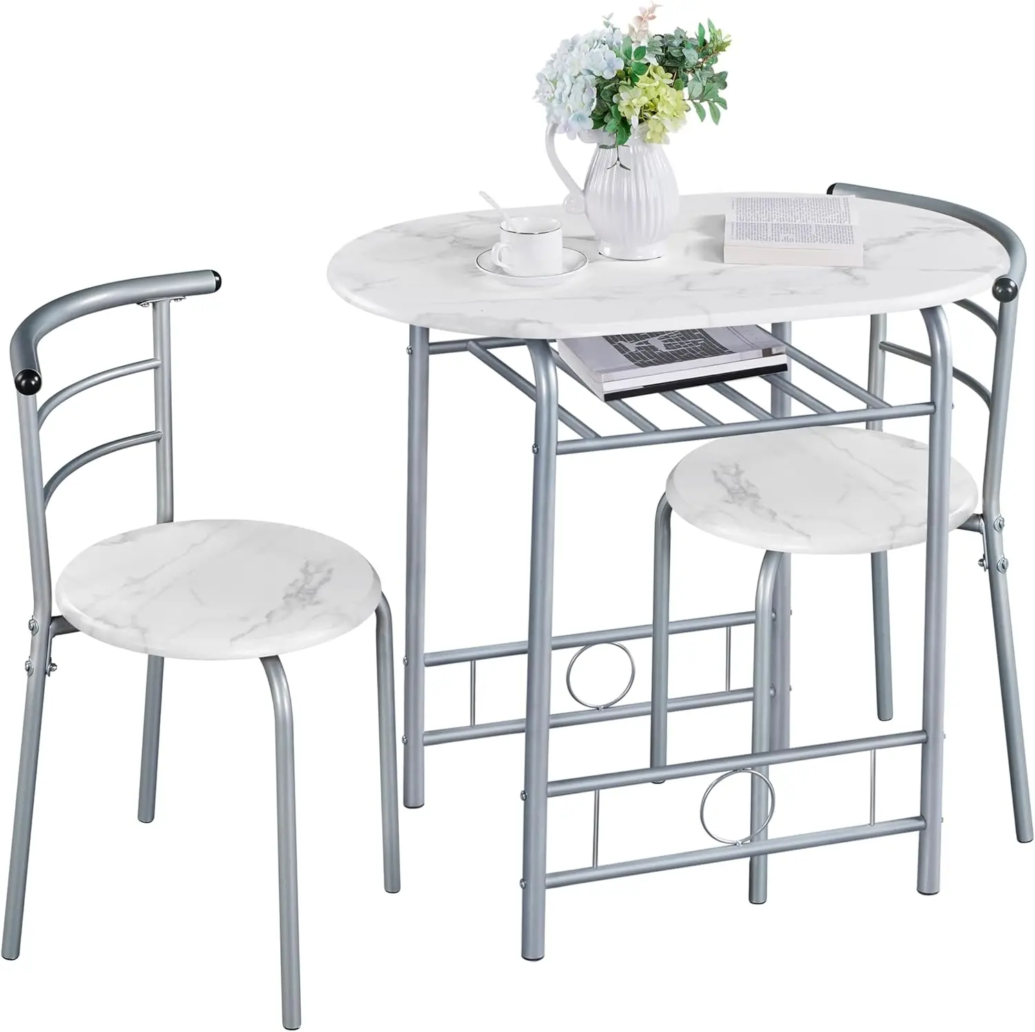 

Compact 3-Piece Dining Set for Small Spaces, Oval Table with 2 Chairs & Storage Rack, White