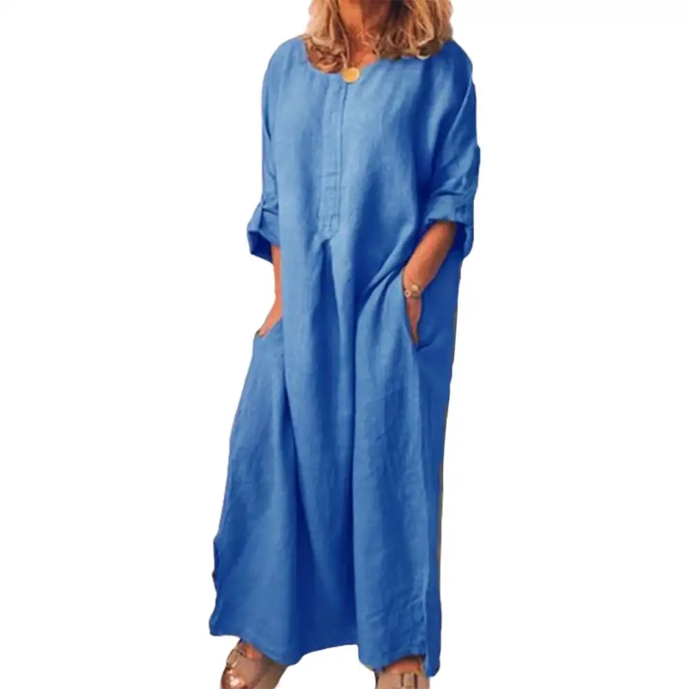 Hot Sales!!! Casual Women Solid Color Oversize Maxi Cotton Linen Long Shirt Kaftan Dress