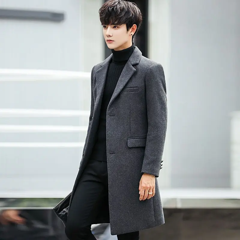 

2025 Winter Men's Korean Style Slim Fit Wool Coat Thermal Lined Mid Length Trench Coat with Detachable Hood​