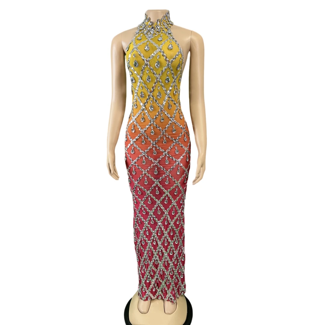 

Stunning Crystals Backless Long Dress Women Evening Party Singer Performance Gown 2025