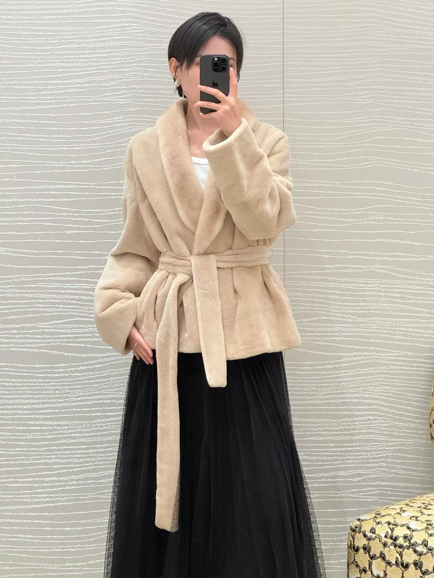 Luxury Mink Velvet Jacket Women Elegant Beige Belted Wrap Coat High-End Warm Winter Shawl Collar Outerwear