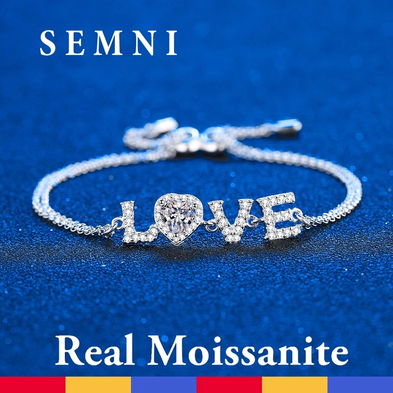 SEMNI GRA Certified Moissanite Charm Bracelet D Color Ideal Cut Diamond Platinum Plated Love Heart Bracelet for Women Adjustable