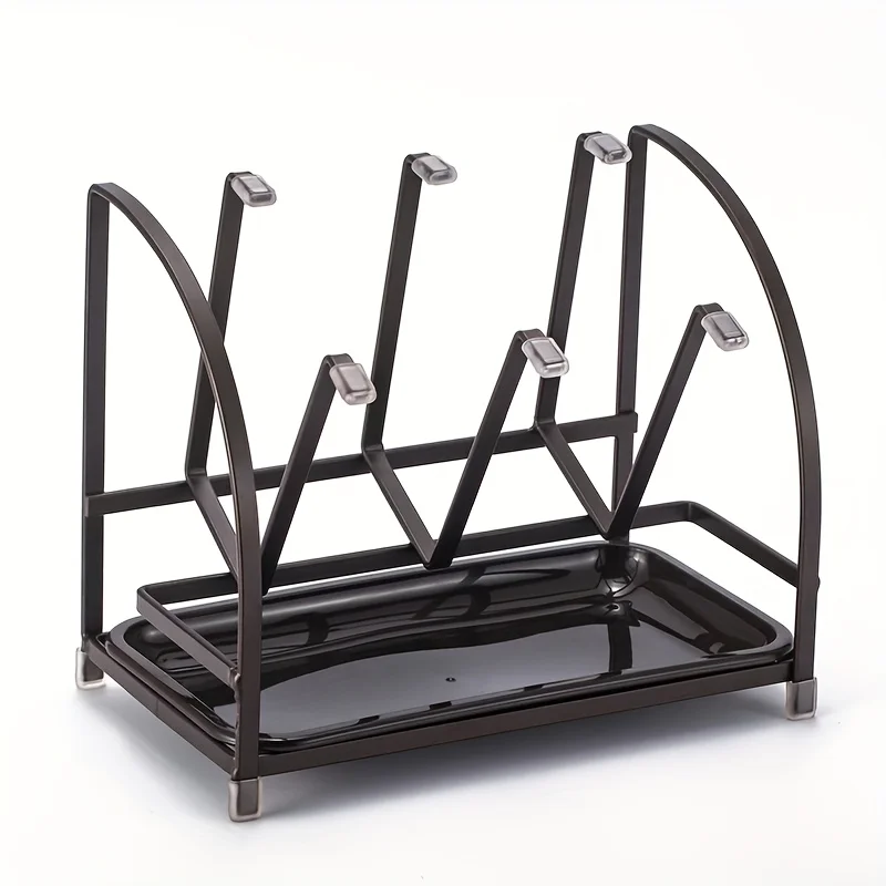 

6-Hook Frosted Metal Cup Rack with Tray - for Mugs & Glasses - Kitchen & Dining Organizer