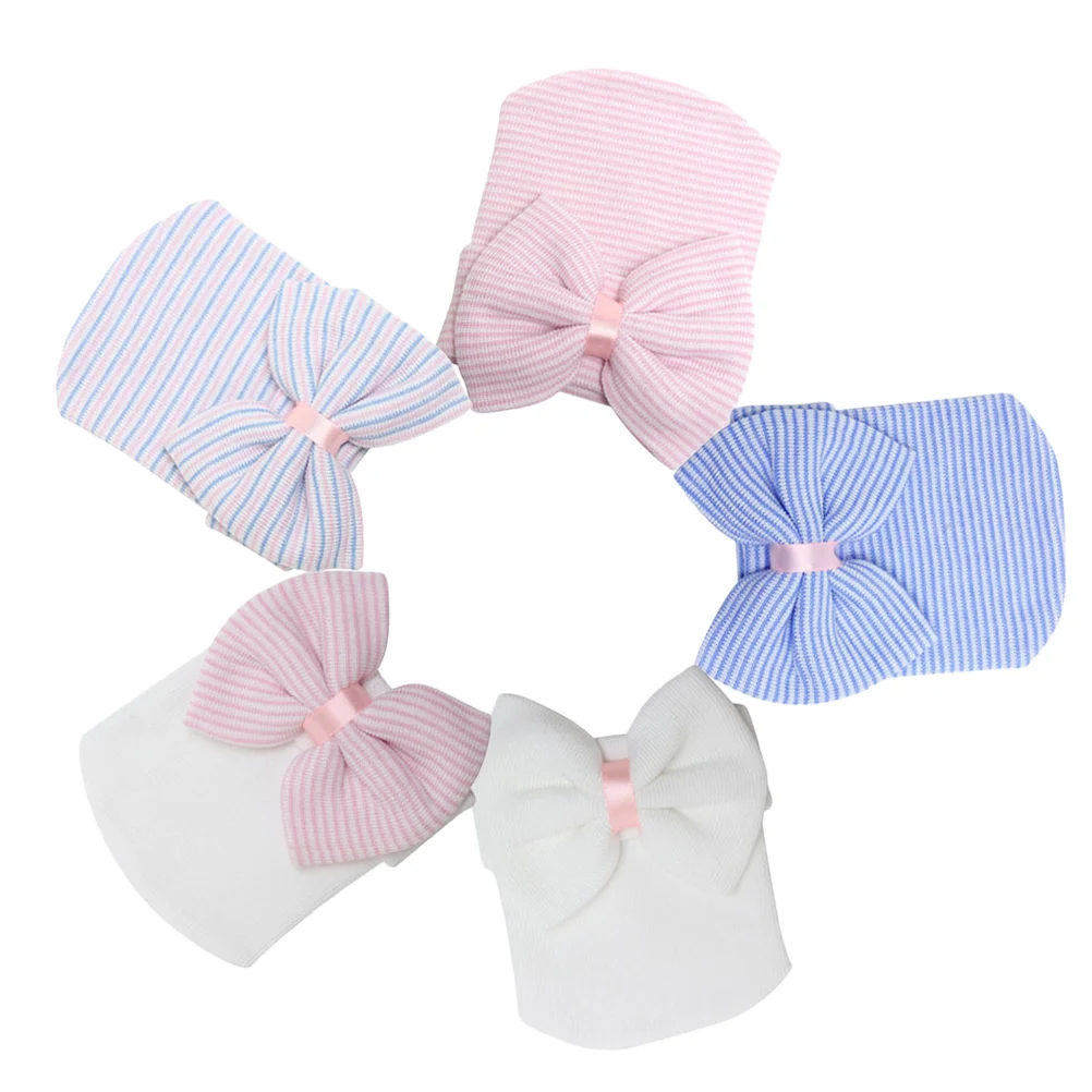 5pcs Large Bowknot Crochet Hat Knitted for Baby Infant Nowborn Blue Colorful White Pink White Hat Pink Bowknot