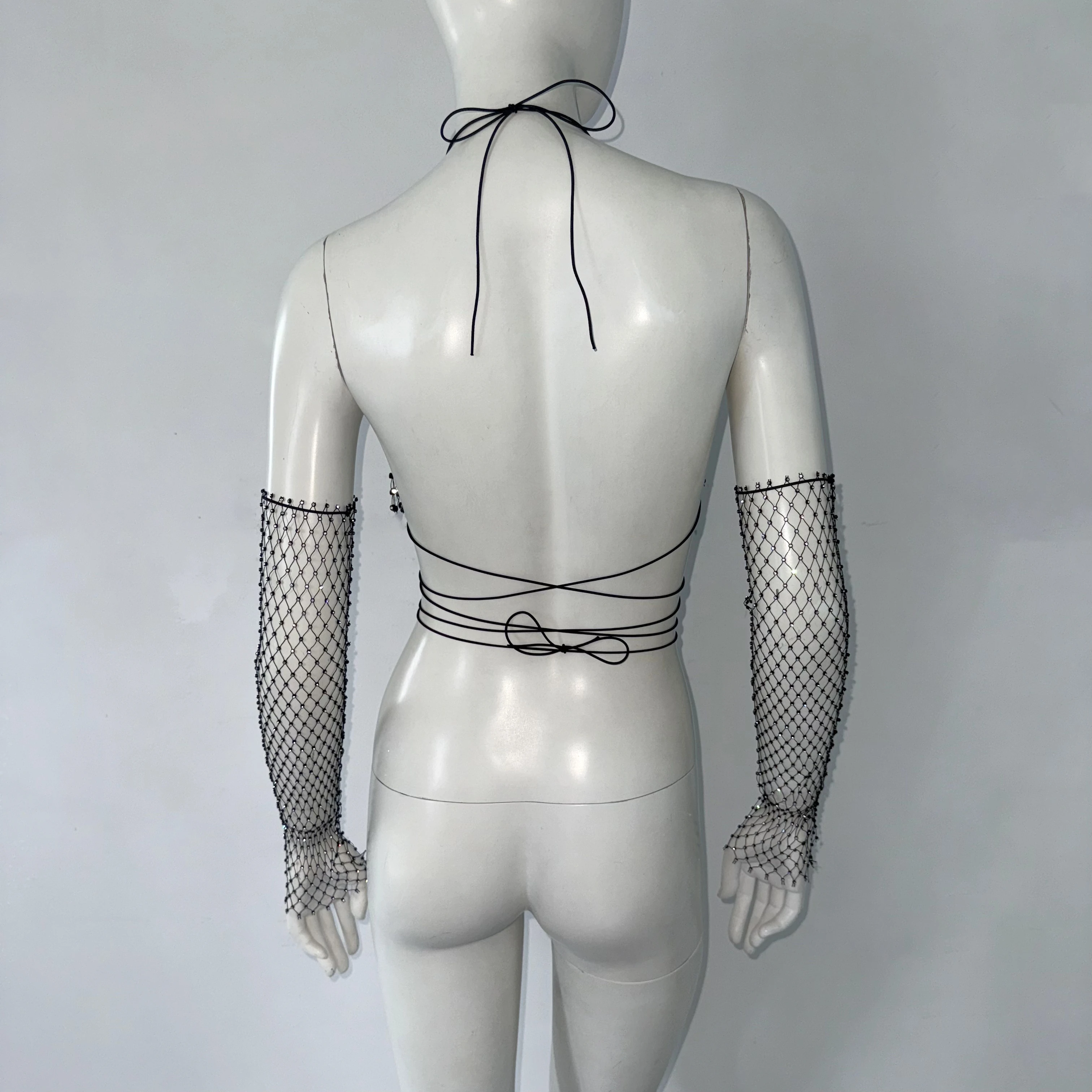 Shiny Rhinestone Mesh Tank Top With Oversleeve Sexy Backless Deep V Neck Halter Neck Bandage Crop Top Summer Party Club Camisole