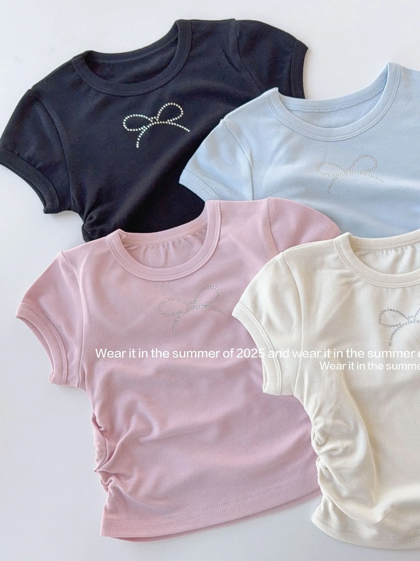 2026 Summer New Children Short Sleeve T Shirts Fashion Girls Bow Hot Fix Tee Kids Elastic Slim Fit Tops Cotton Baby Girl Clothes