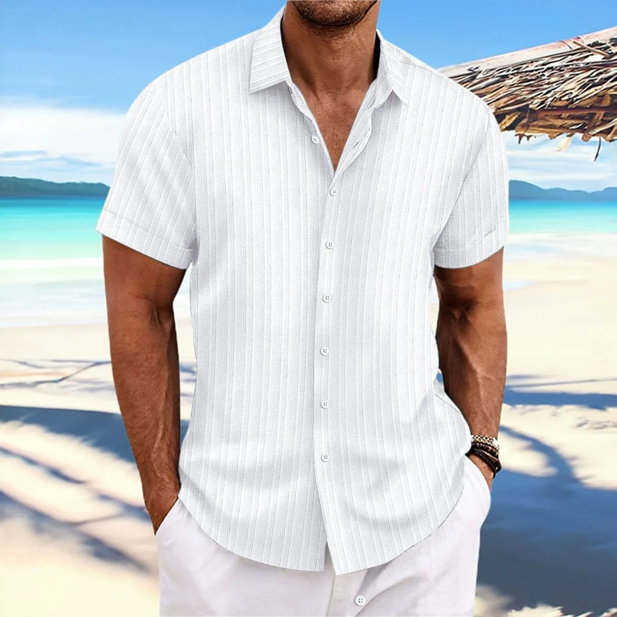 Solid Color Jacquard Wave Strip Short-sleeved Shirt Europe And The United States Men's Daily Casual Cardigan Fashion Trend