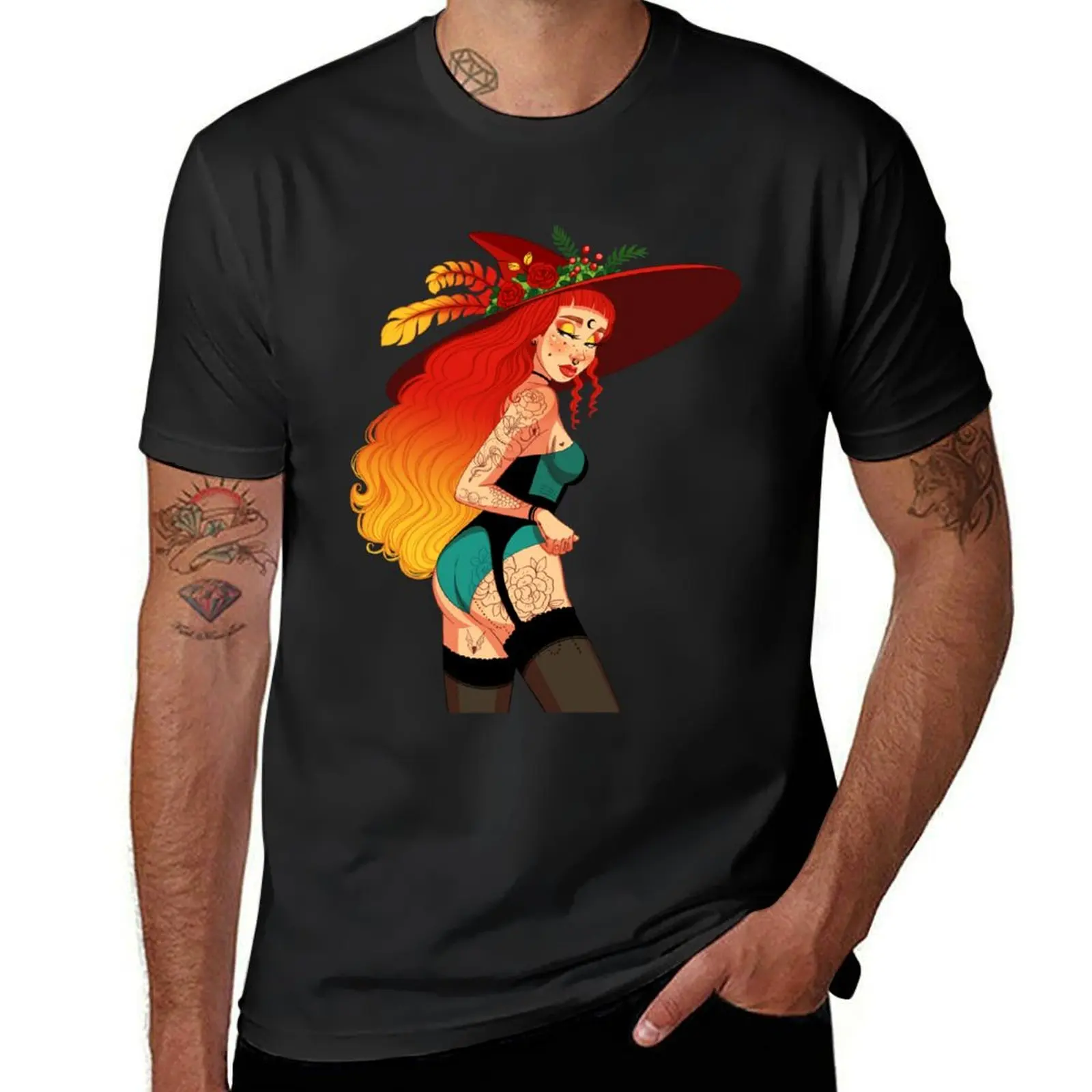 

Red Pinup Witch T-Shirt anime vintage Aesthetic clothing for a boy mens graphic t-shirts big and tall