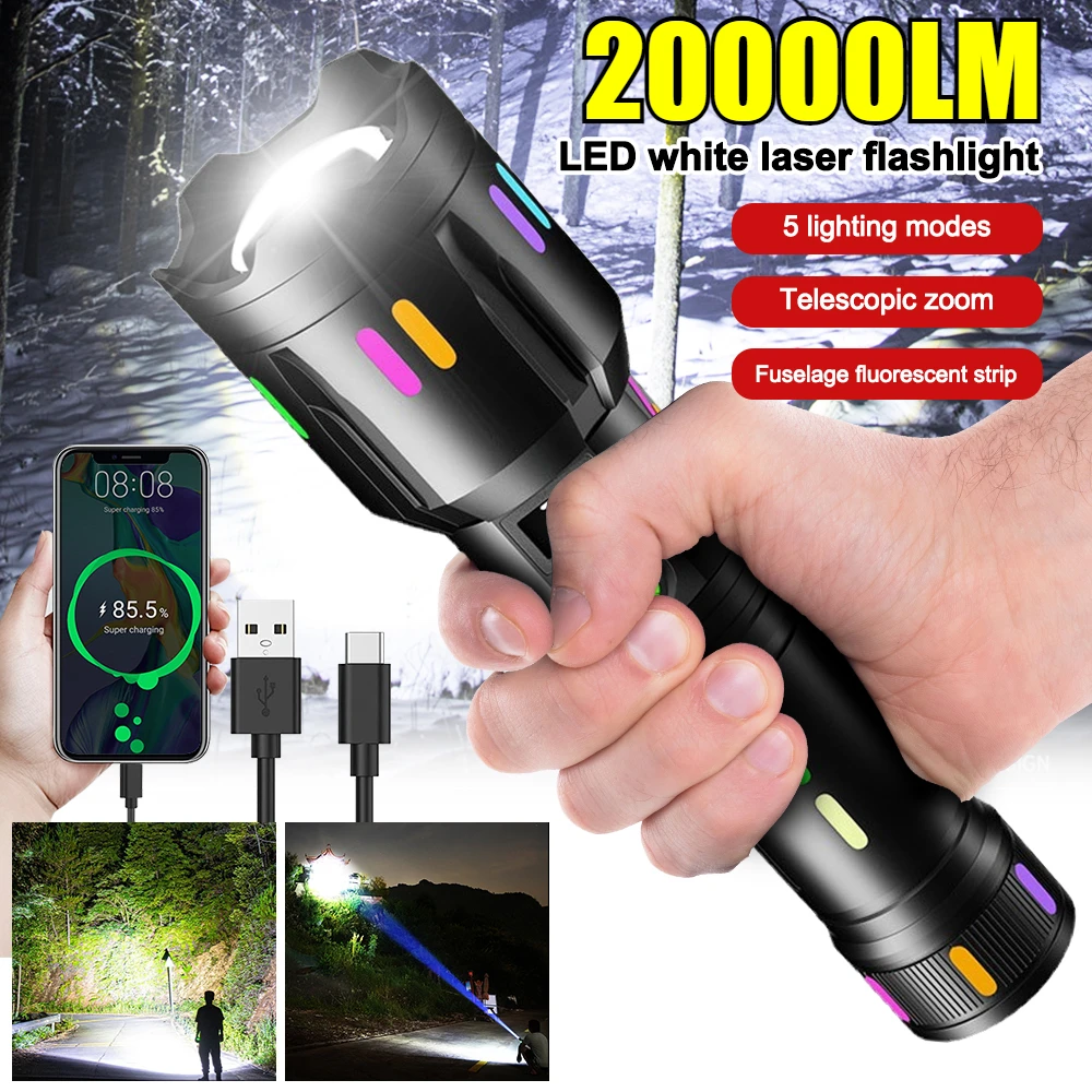 

Powerful White Laser LED Flashlight Type-C Rechargeable Camping Torch Zoomable Search Spotlight with Luminous Strips Long-Range