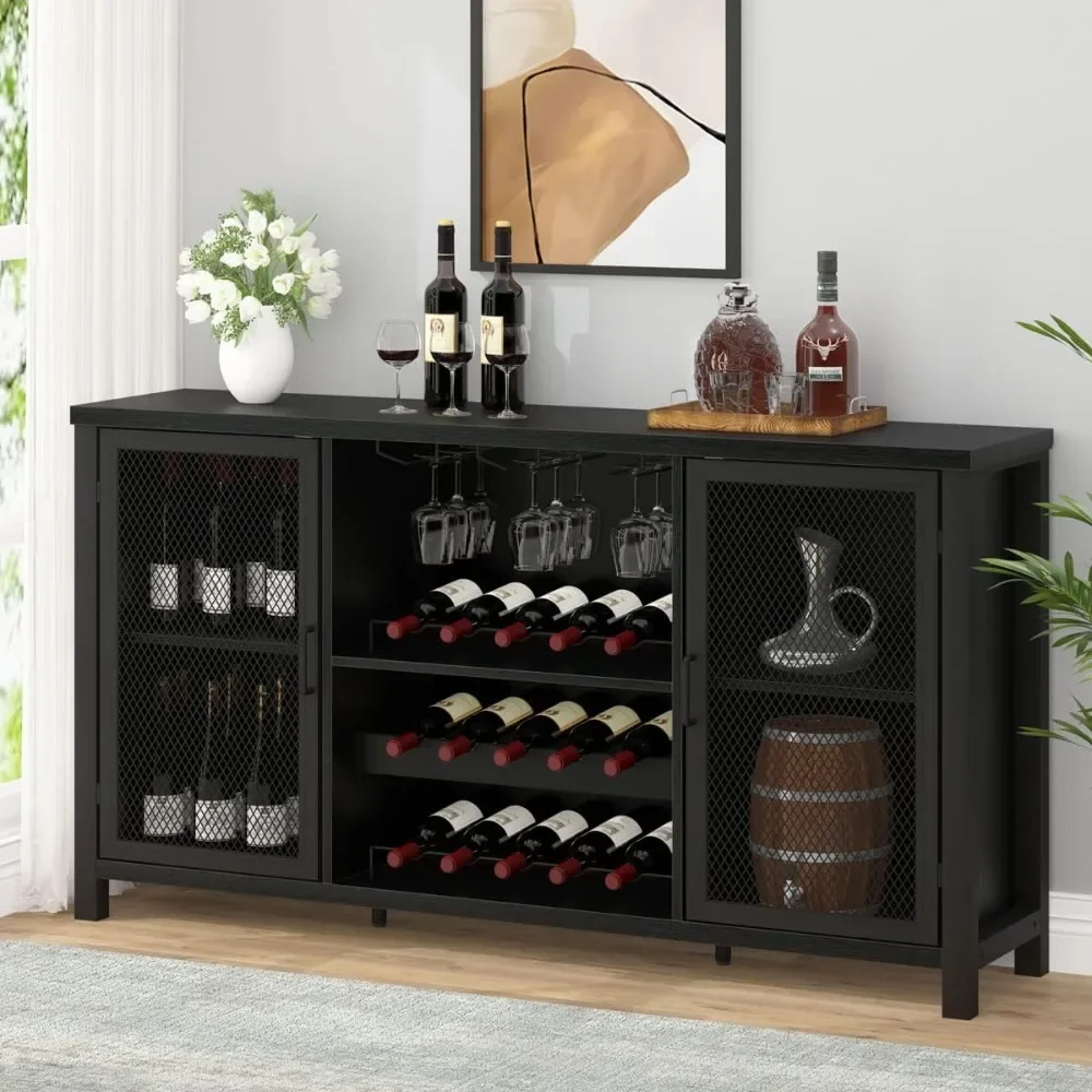 Coffee Bar Cabinet com Wine Rack Storage, Cozinha Industrial Buffet Cabinet para Licor e Café, Farmhouse