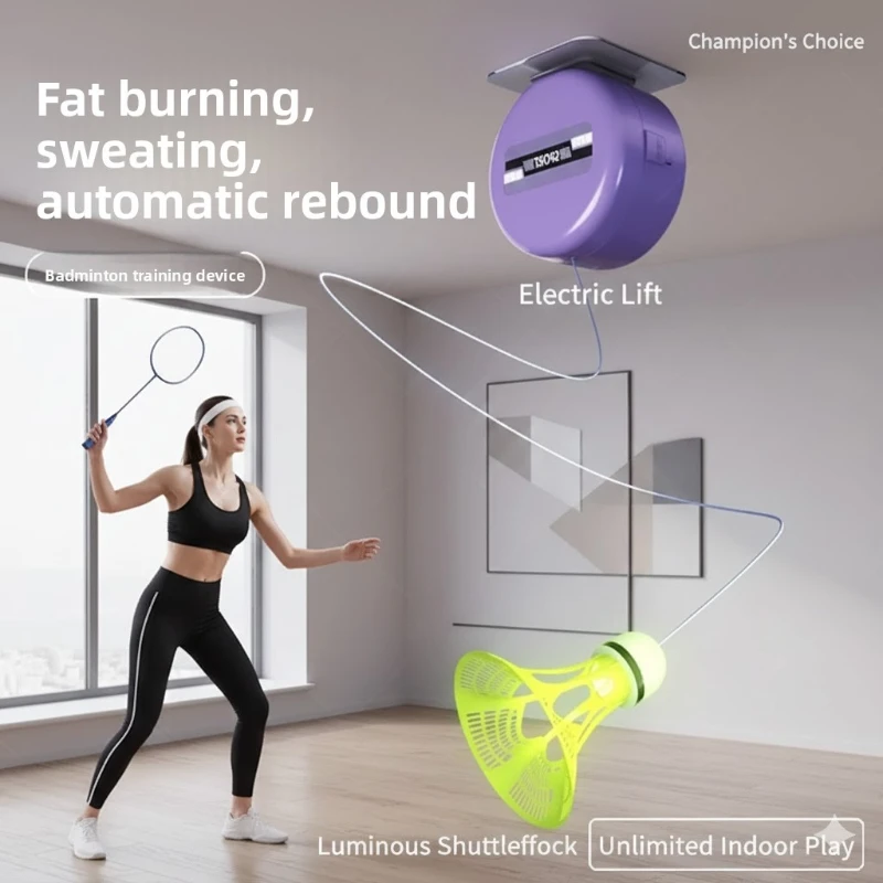 Badminton single play training device, automatic rebound, self-playing indoors at home, kids adults trainer device accessories
