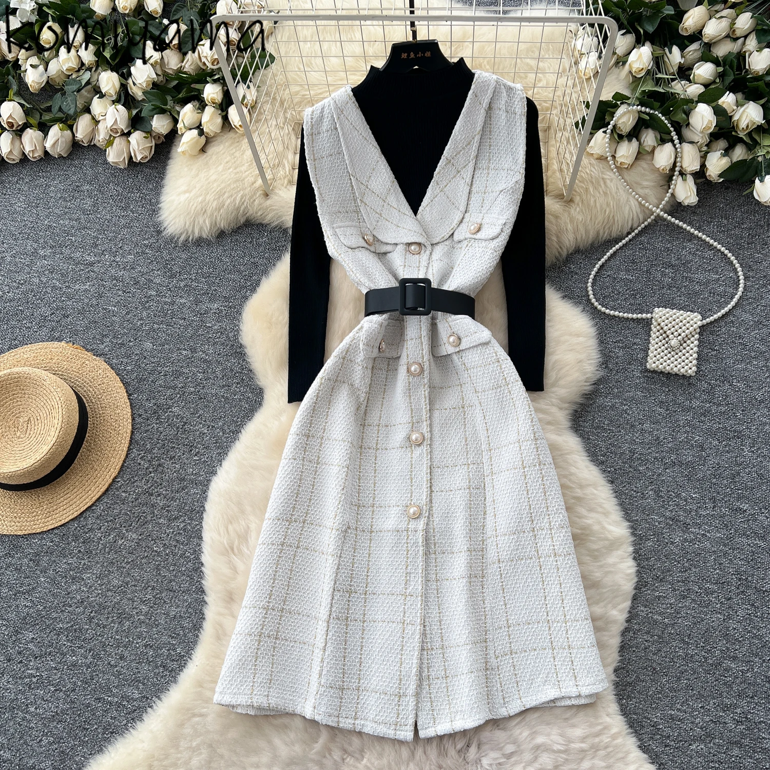

Woman 2025 Autumn Sets Tweed Plaid Sleeveless Single Breasted Dress High Collar Knit Sweater Advanced Sense 2 Pieces Set