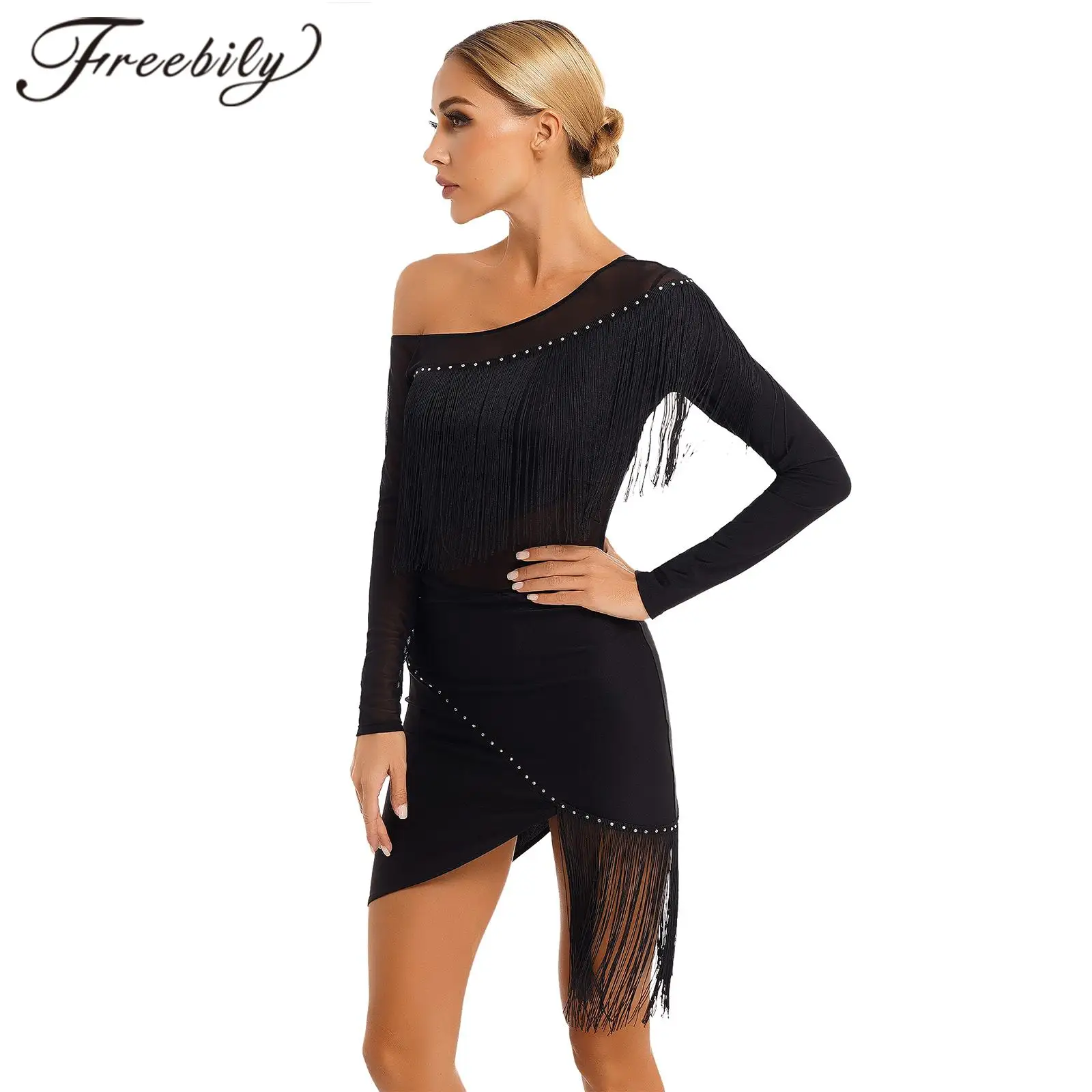 

Тренировочный костюм для латинских танцев, женская одежда для самбы, ча-ча, танго, сальсы, платье с бахромой для соревнований по румбе, платье для латинских танцев с разрезом