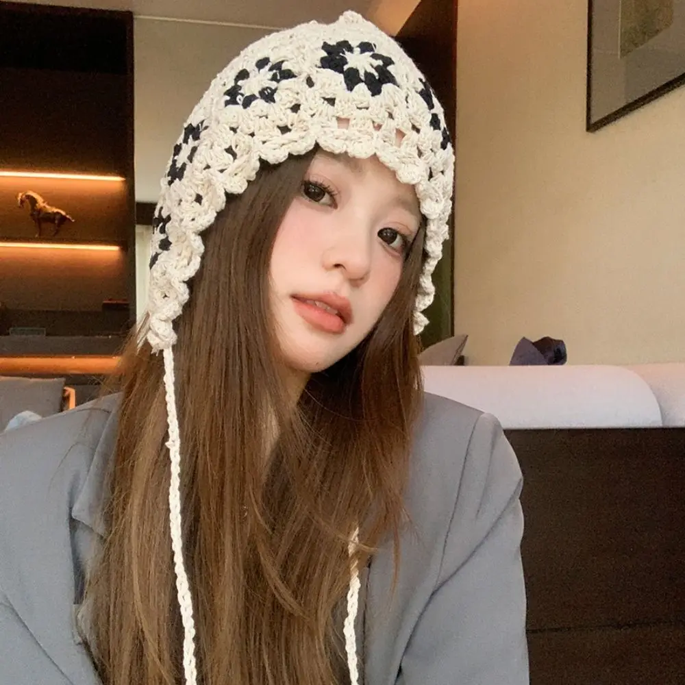 Vintage Crochet Flower Hollow Knitted Hat Bohemian Style Beanies Knit Cap Korean Hollow Out Ethnic Style Hat Girls