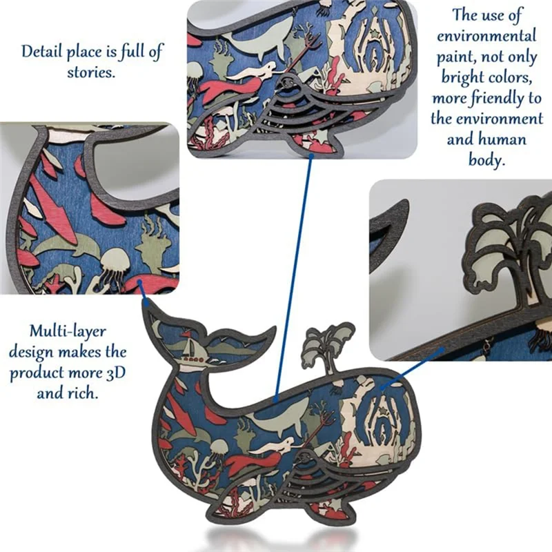 Animales de madera 3D tallados ballena arte decoración pared escultura estatuilla océano artesanía silueta ornamento arte-[Qahk]