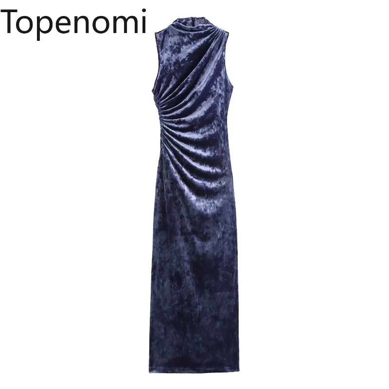 Topenomi Sexy Velvet Evening Dresses Women Temperament Sleeveless Folds Slim Waist Wrapped Long Dress Autumn Winter Party Robe