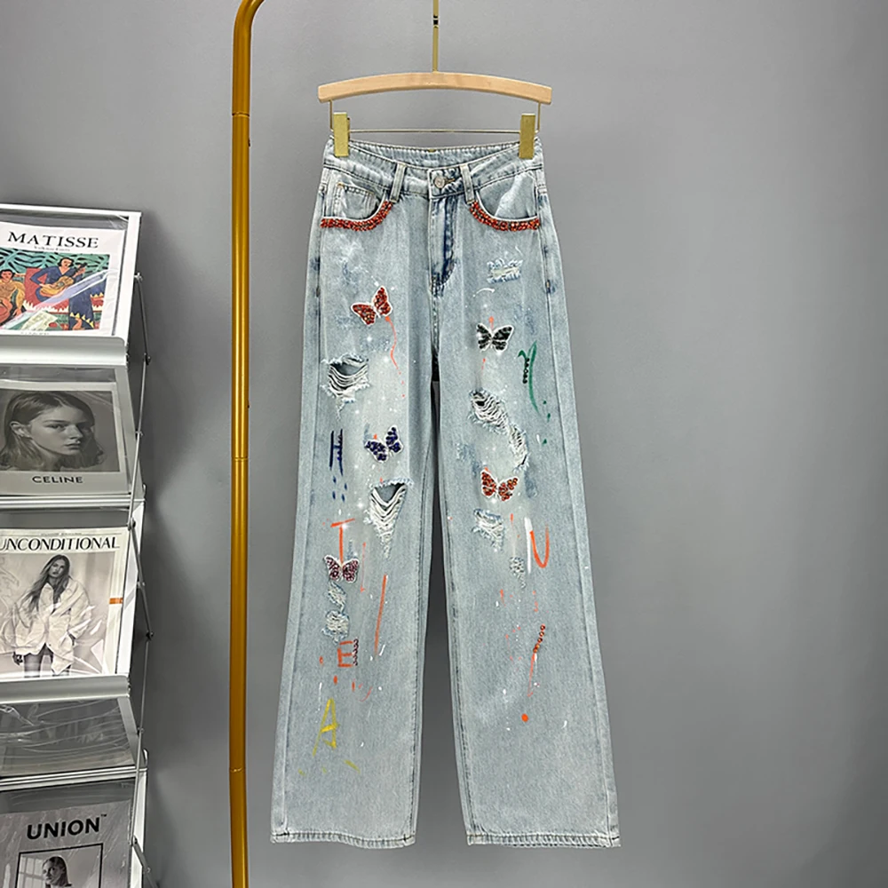 

Ripped Holes Floor Length Jeans Women Oversized High Waist Straight Loose Denim Pants Female Chic Diamond Painted Wide Leg Pants