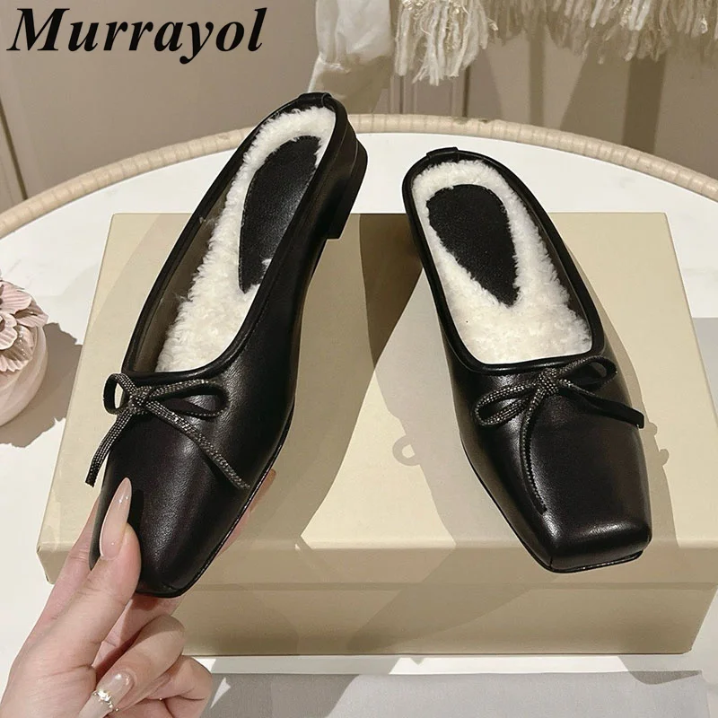 Lazy Mules Women Real Leather Closed Toe Bow-Knot Decor Flat Half Slippers Ladies Autumn Winter Outdoor Vacation Walking Shoes view 2