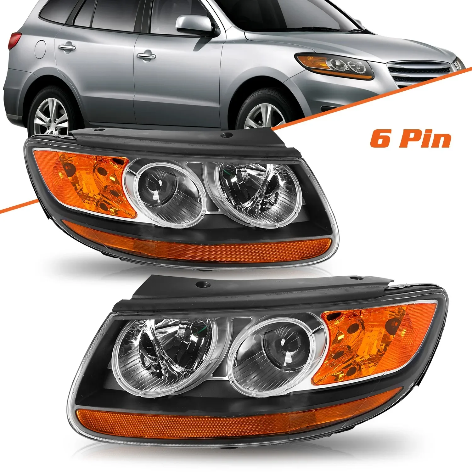 

For 2007-2012 Hyundai Santa Fe Halogen 6pin Headlights Black OEM Headlamps L+R